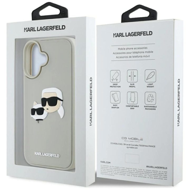 Karl Lagerfeld 3D guminis dviejų galvų iPhone 16 dėklas, smėlio spalvos