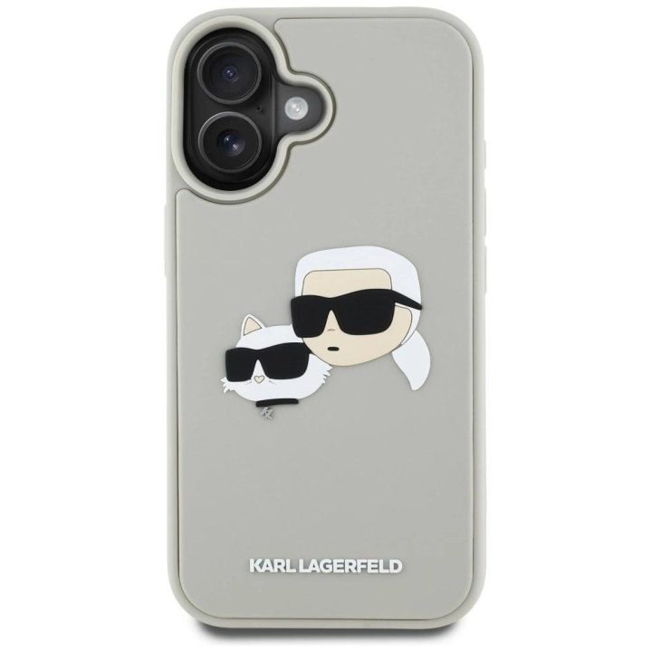 Karl Lagerfeld 3D guminis dviejų galvų iPhone 16 dėklas, smėlio spalvos