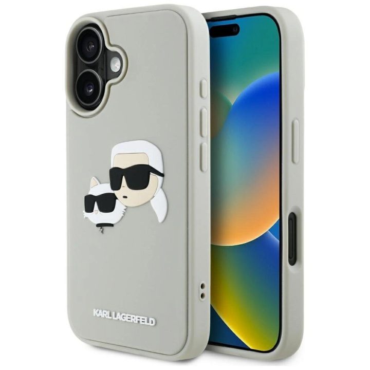 Karl Lagerfeld 3D guminis dviejų galvų iPhone 16 dėklas, smėlio spalvos