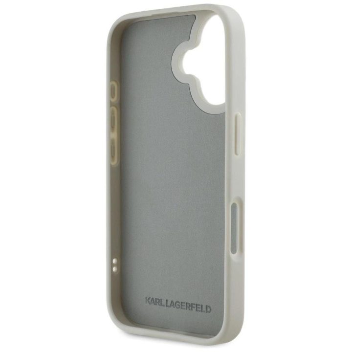 Karl Lagerfeld 3D guminis dviejų galvų iPhone 16 dėklas, smėlio spalvos