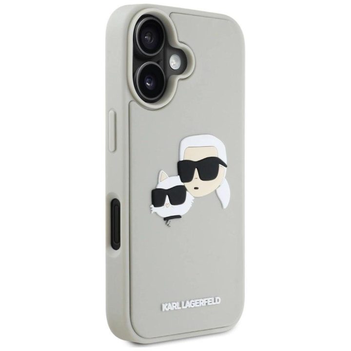 Karl Lagerfeld 3D guminis dviejų galvų iPhone 16 dėklas, smėlio spalvos