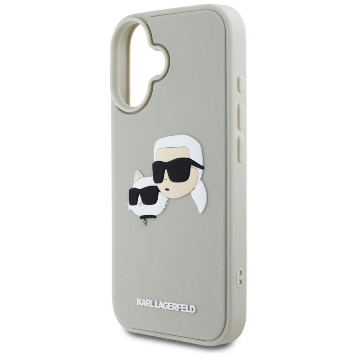 Karl Lagerfeld 3D guminis dviejų galvų iPhone 16 dėklas, smėlio spalvos