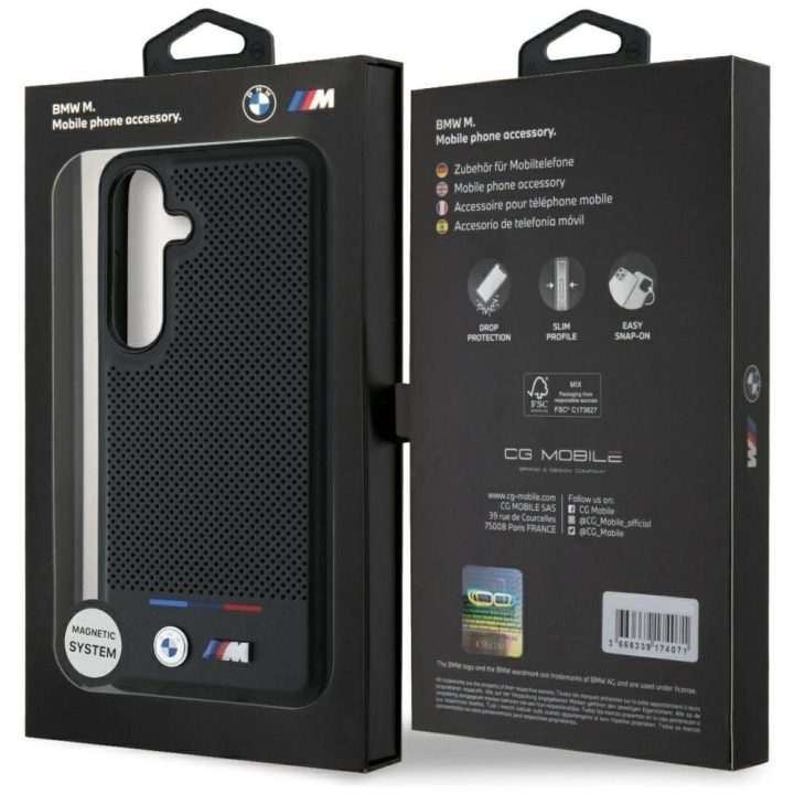 BMW odinis dėklas su trispalve juostele, MagSafe, Samsung Galaxy S25, juodas