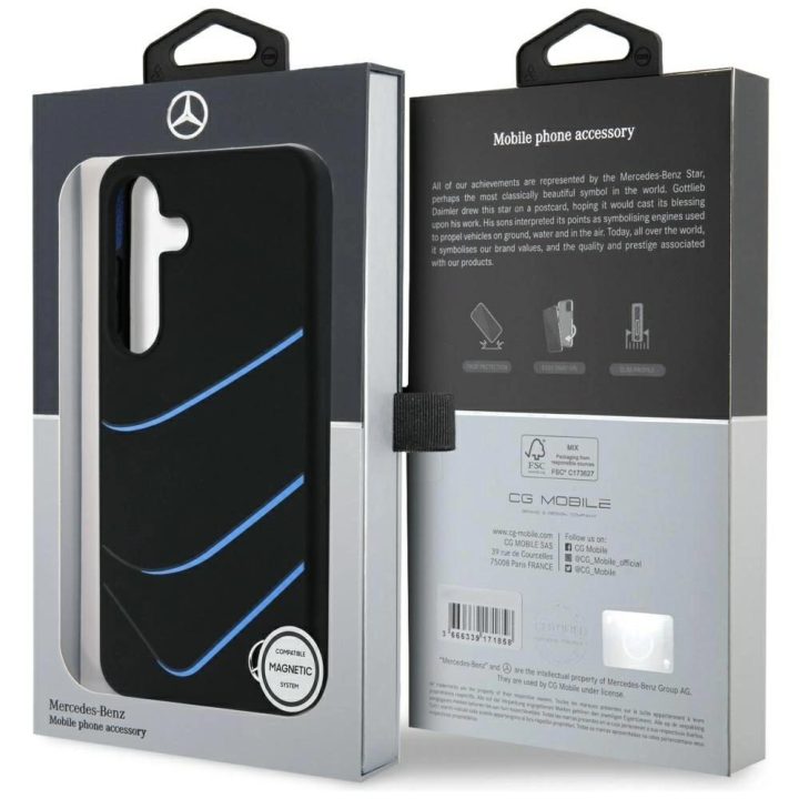 Mercedes silikono dėklas su kontrastingomis linijomis, MagSafe, Samsung Galaxy S25, juodas