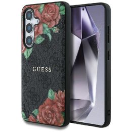 Guess odinis dėklas su 4G gėlių raštu ir metaliniu logotipu, MagSafe, Samsung Galaxy S25, juodas