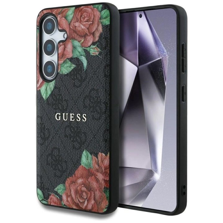 Guess odinis dėklas su 4G gėlių raštu ir metaliniu logotipu, MagSafe, Samsung Galaxy S25, juodas