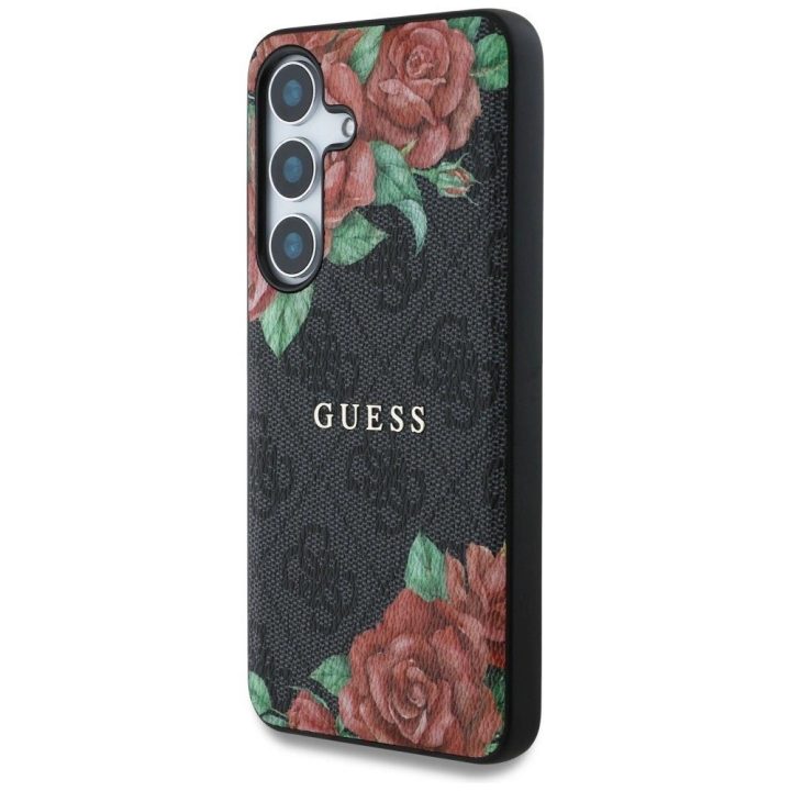 Guess odinis dėklas su 4G gėlių raštu ir metaliniu logotipu, MagSafe, Samsung Galaxy S25, juodas