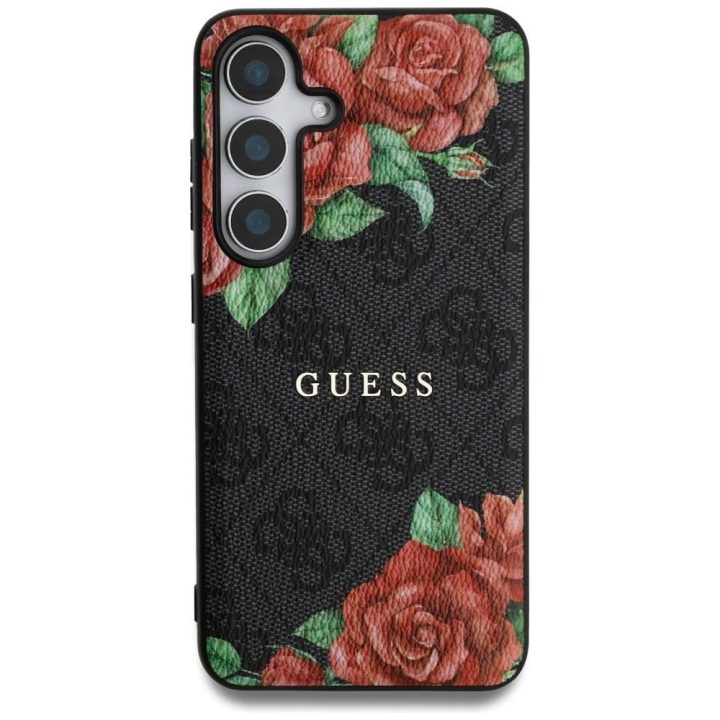 Guess odinis dėklas su 4G gėlių raštu ir metaliniu logotipu, MagSafe, Samsung Galaxy S25, juodas
