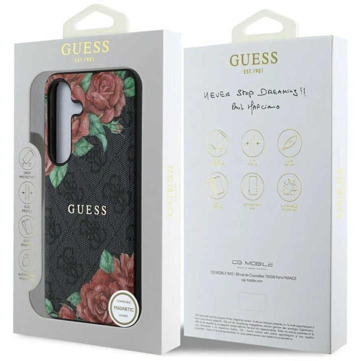 Guess odinis dėklas su 4G gėlių raštu ir metaliniu logotipu, MagSafe, Samsung Galaxy S25, juodas