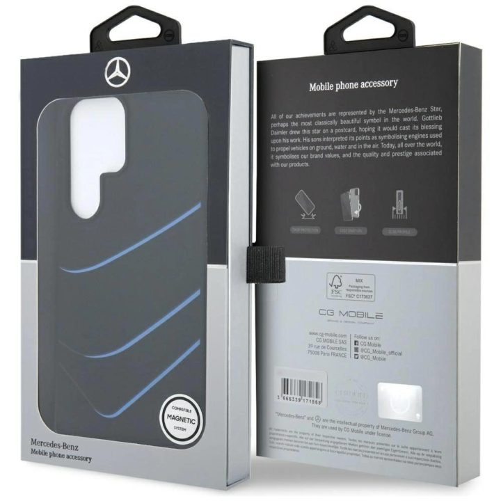 Mercedes silikoninis dėklas su kontrastingomis linijomis, MagSafe, Samsung Galaxy S25 Ultra, juodas