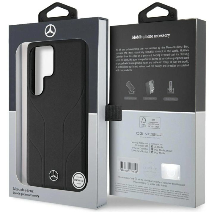 Mercedes odinis dėklas su įspaustomis linijomis, MagSafe, Samsung Galaxy S25 Ultra, juodas