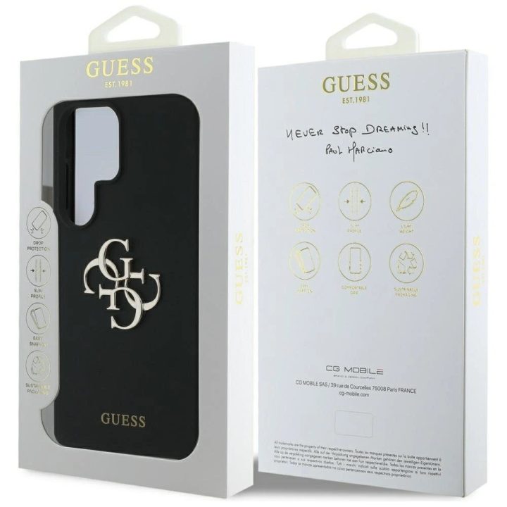 Dėklas telefonui juodas silikoninis su 4G logotipu Samsung Galaxy S25 Ultra Guess
