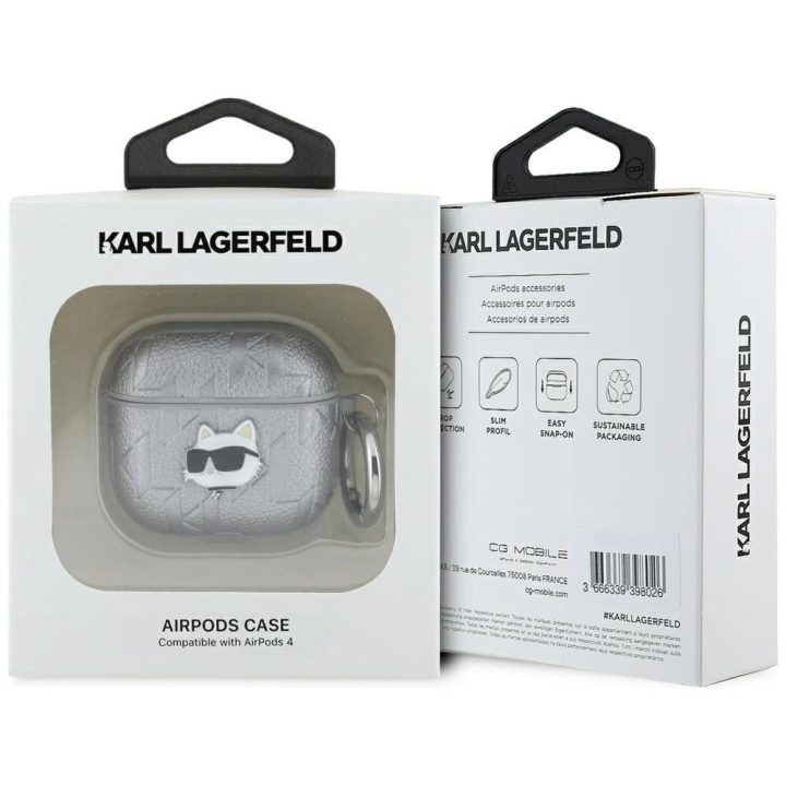 Karl Lagerfeld AirPods 4 dėklas Monogram Choupette“ – sidabrinis