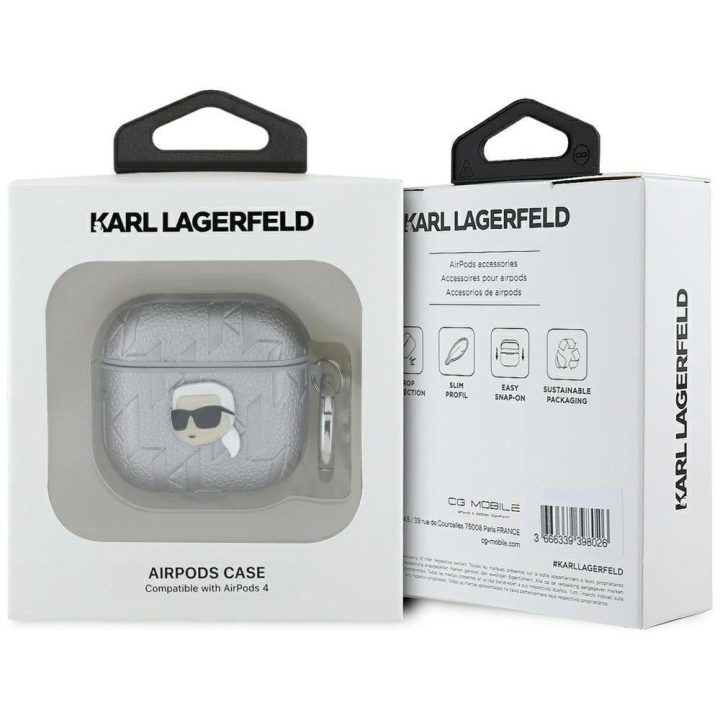 Karl Lagerfeld AirPods 4 dėklas Monogram Karl Head“ – sidabrinis