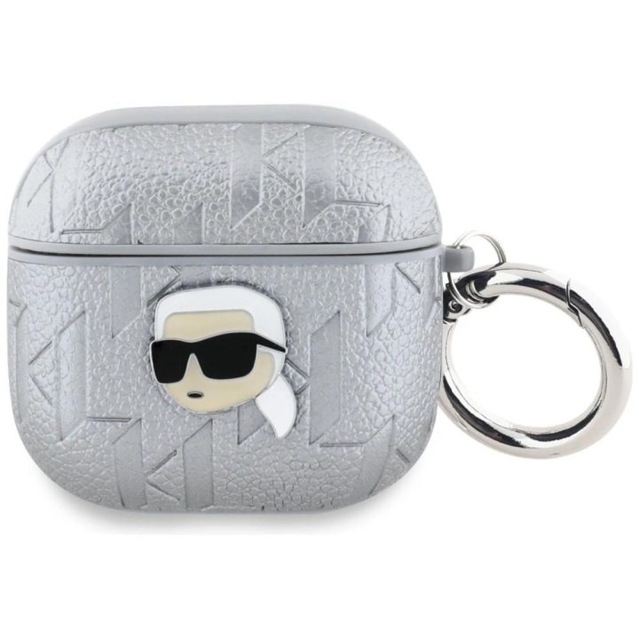Karl Lagerfeld AirPods 4 dėklas Monogram Karl Head“ – sidabrinis