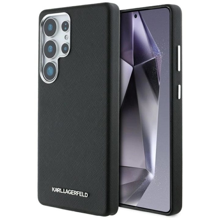 Karl Lagerfeld Saffiano dėklas su metaliniu logotipu, MagSafe, Samsung Galaxy S25 Ultra, juodas