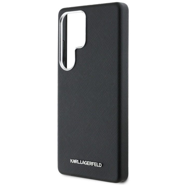Karl Lagerfeld Saffiano dėklas su metaliniu logotipu, MagSafe, Samsung Galaxy S25 Ultra, juodas