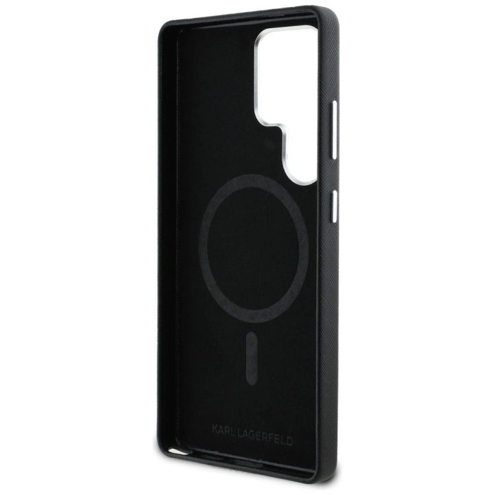 Karl Lagerfeld Saffiano dėklas su metaliniu logotipu, MagSafe, Samsung Galaxy S25 Ultra, juodas