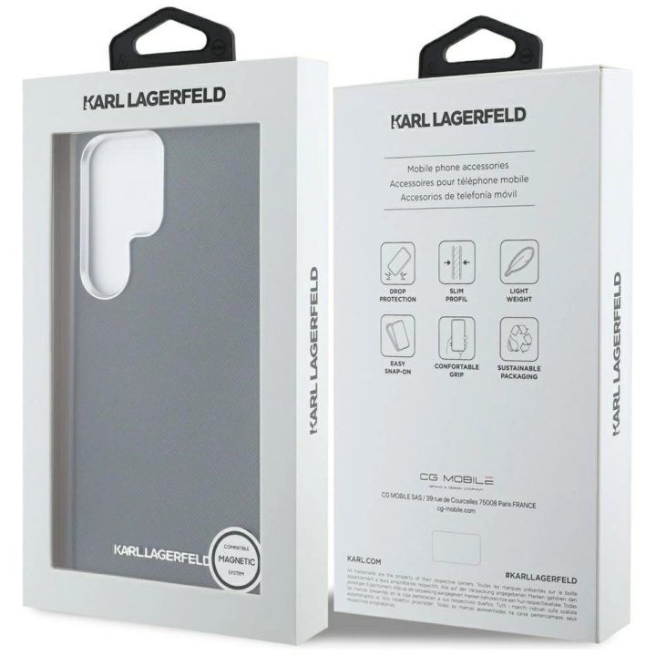 Karl Lagerfeld Saffiano dėklas su metaliniu logotipu, MagSafe, Samsung Galaxy S25 Ultra, juodas