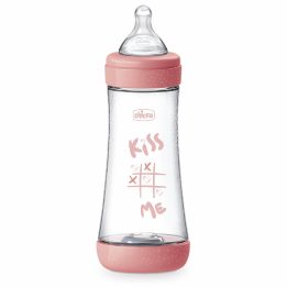 Chicco plastikinis kūdikių buteliukas 300 ml su silikoniniu čiulptuku, rožinis