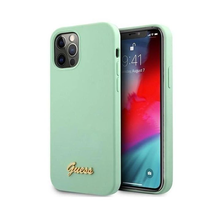 Guess metalinis telefono dėklas su logotipu iPhone 12 Pro Max (žalias)