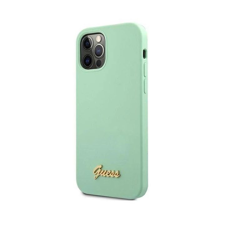 Guess metalinis telefono dėklas su logotipu iPhone 12 Pro Max (žalias)
