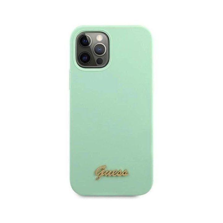 Guess metalinis telefono dėklas su logotipu iPhone 12 Pro Max (žalias)