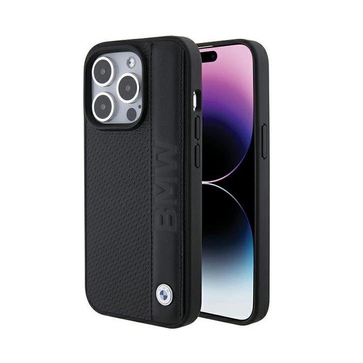 BMW odinis dėklas su tekstūra ir juostele iPhone 15 Pro Max – juodas