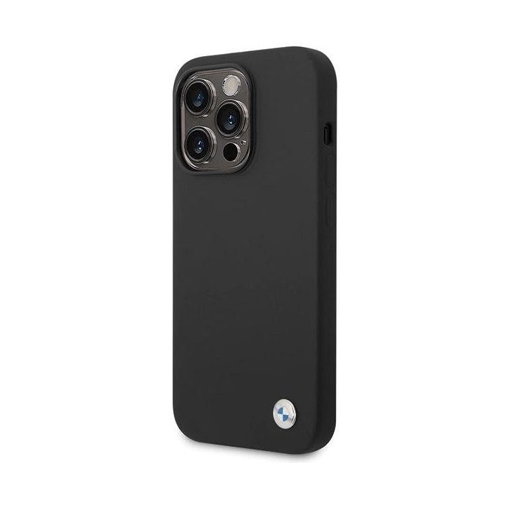BMW silikoninis dėklas su metaliniu logotipu iPhone 15 Pro Max, juodas