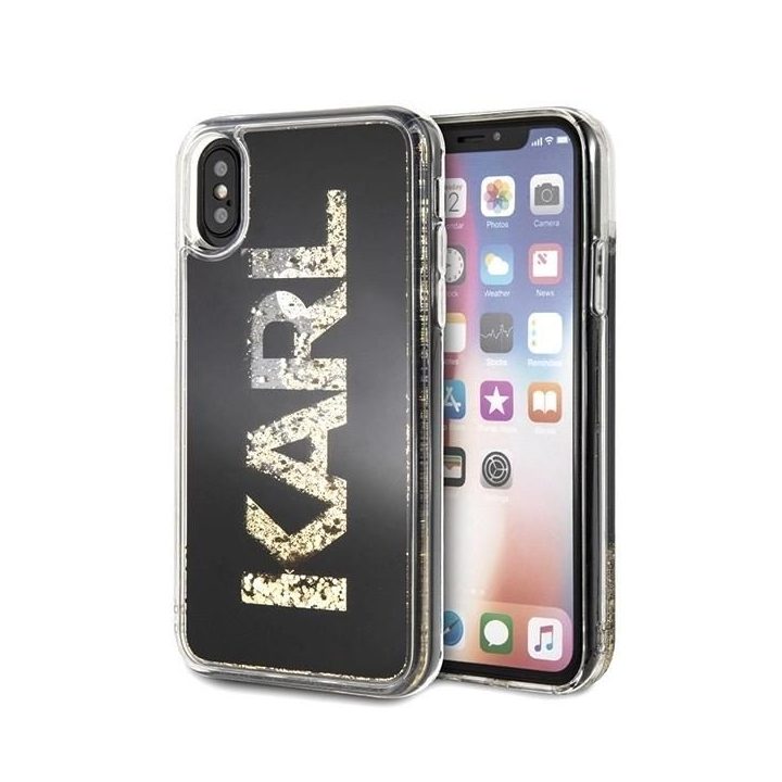 Karl Lagerfeld blizgus juodas iPhone X/Xs dėklas su logotipu