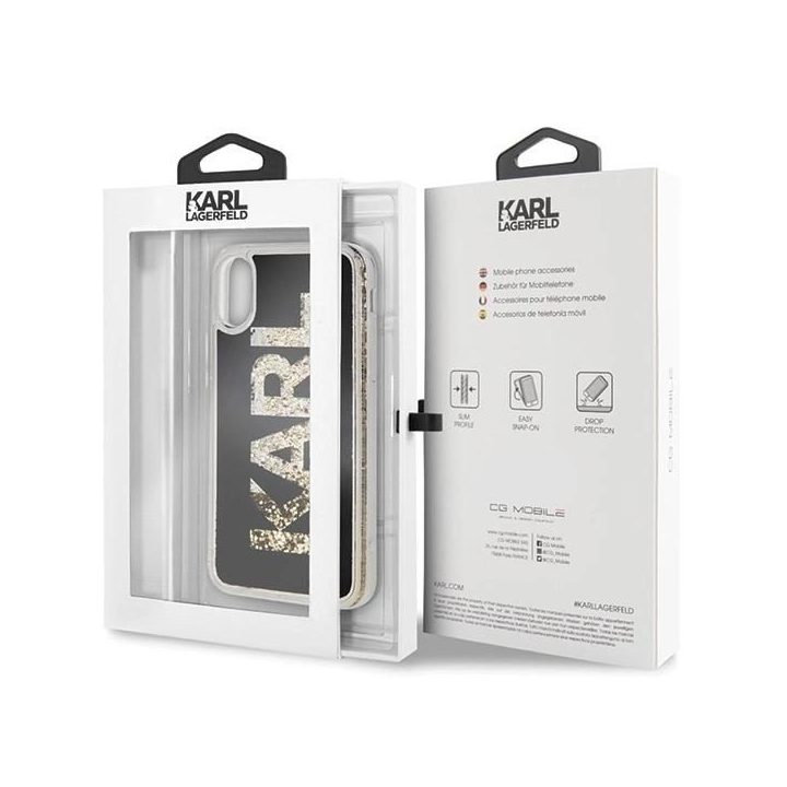 Karl Lagerfeld blizgus juodas iPhone X/Xs dėklas su logotipu
