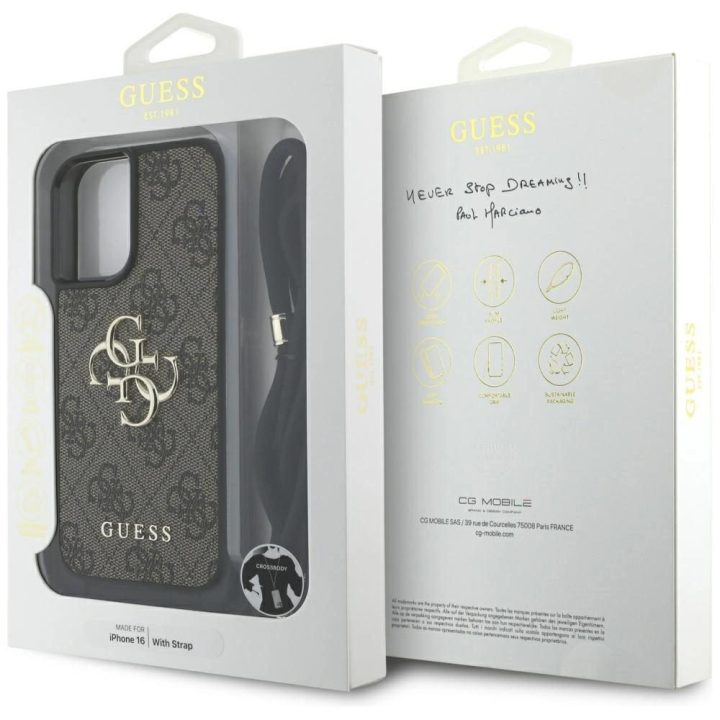 4G logotipu dekoruotas rudas Guess“ virvelinis dėklas iPhone 16