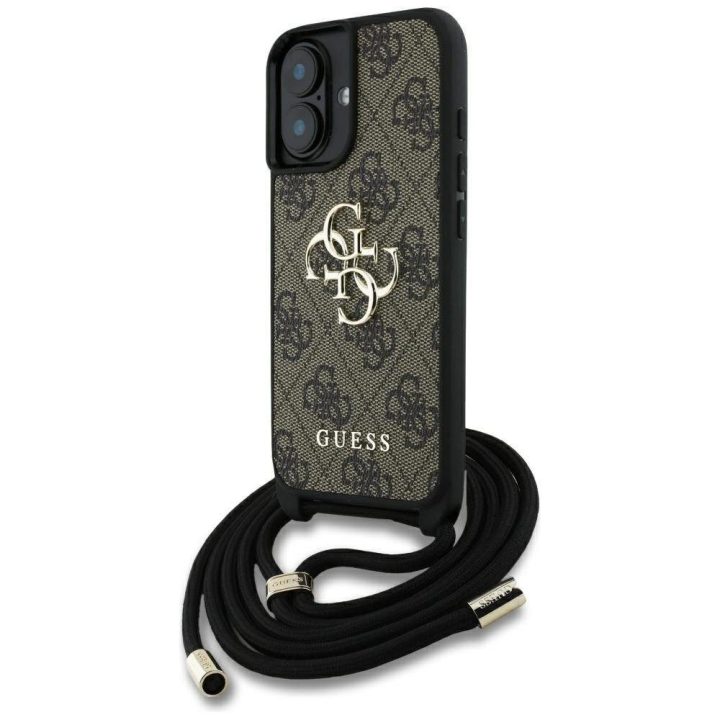 4G logotipu dekoruotas rudas Guess“ virvelinis dėklas iPhone 16