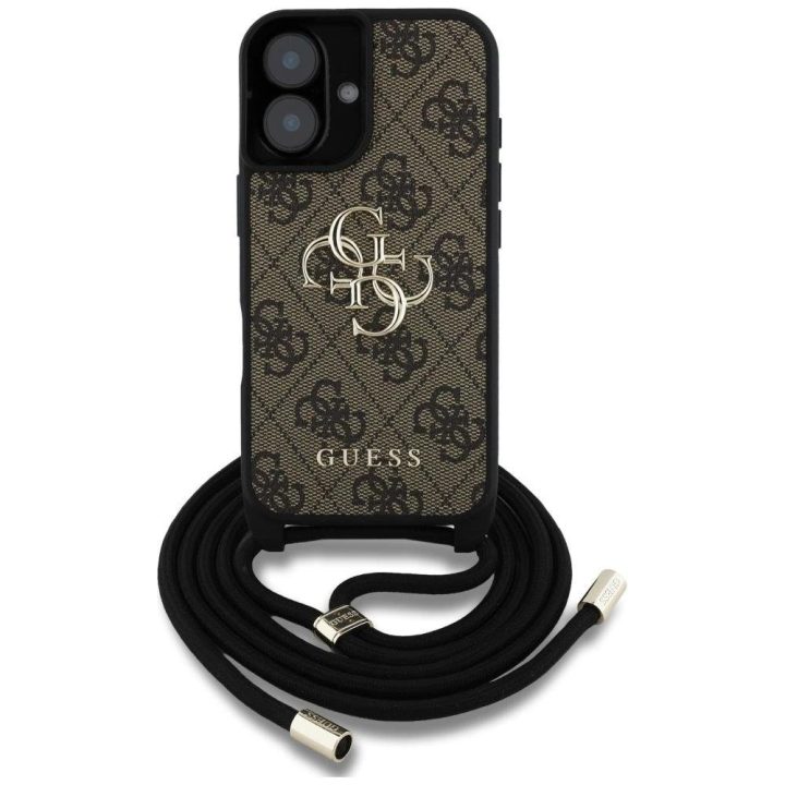 4G logotipu dekoruotas rudas Guess“ virvelinis dėklas iPhone 16