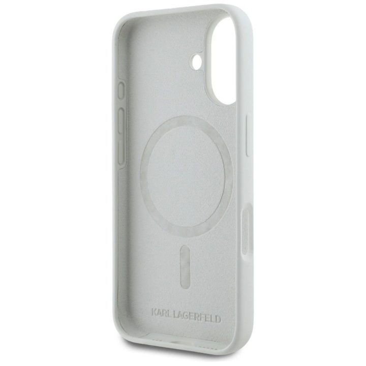 Karl Lagerfeld silikoninis dvipusis MagSafe dėklas iPhone 16, smėlio