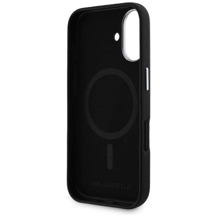 Karl Lagerfeld juodas odinis MagSafe dėklas iPhone 16