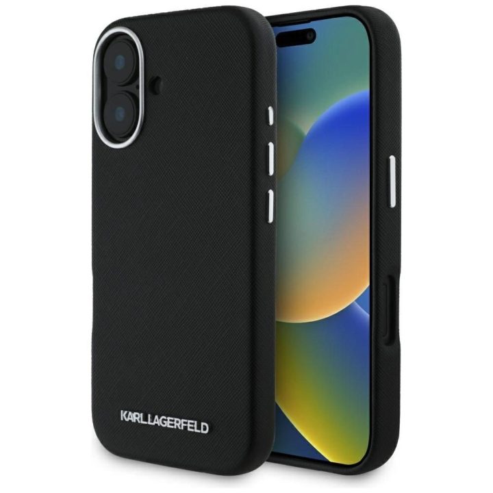 Karl Lagerfeld juodas odinis MagSafe dėklas iPhone 16