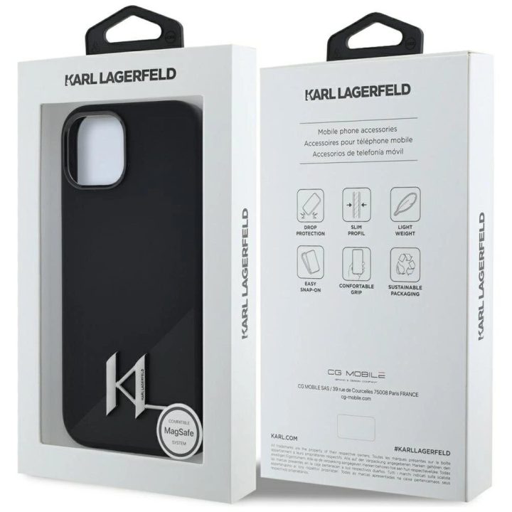 Karl Lagerfeld juodas silikoninis MagSafe dėklas iPhone 15
