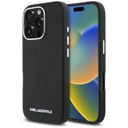 Karl Lagerfeld juodas odinis MagSafe dėklas iPhone 16 Pro