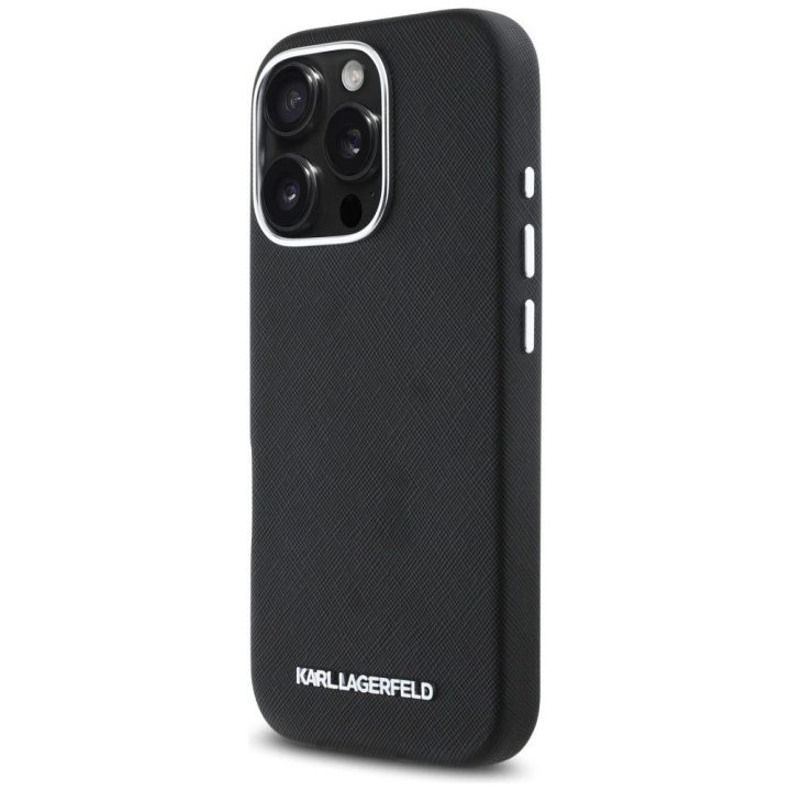 Karl Lagerfeld juodas odinis MagSafe dėklas iPhone 16 Pro