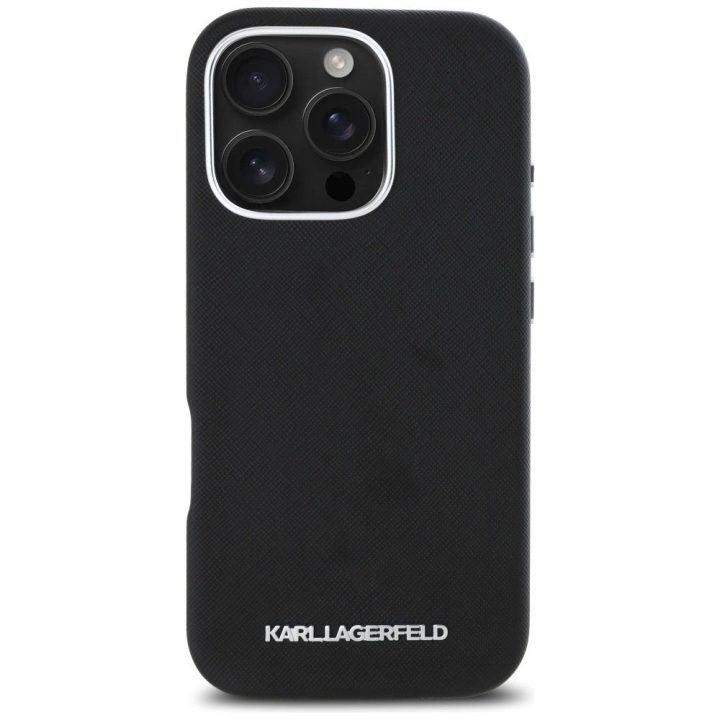 Karl Lagerfeld juodas odinis MagSafe dėklas iPhone 16 Pro