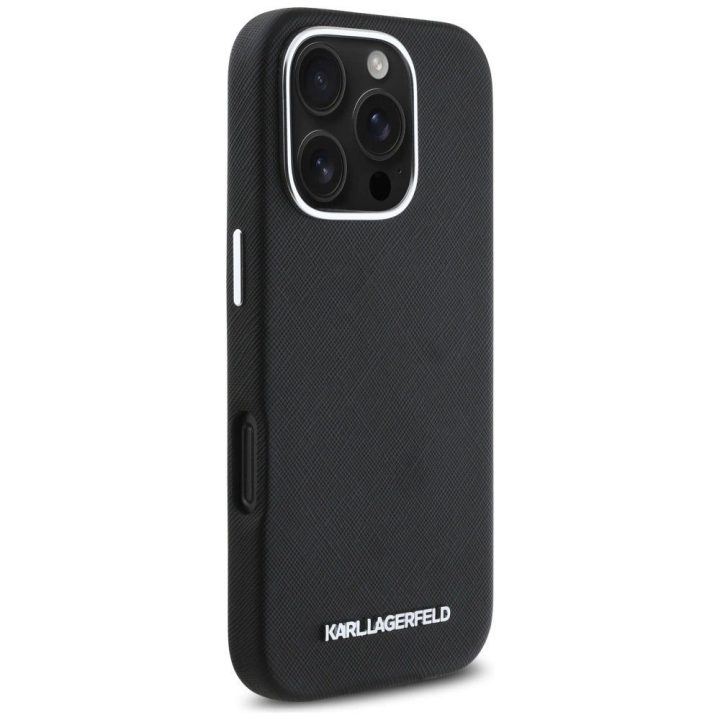 Karl Lagerfeld juodas odinis MagSafe dėklas iPhone 16 Pro