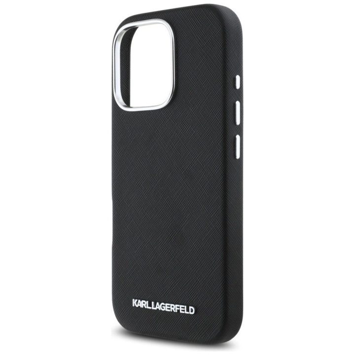 Karl Lagerfeld juodas odinis MagSafe dėklas iPhone 16 Pro