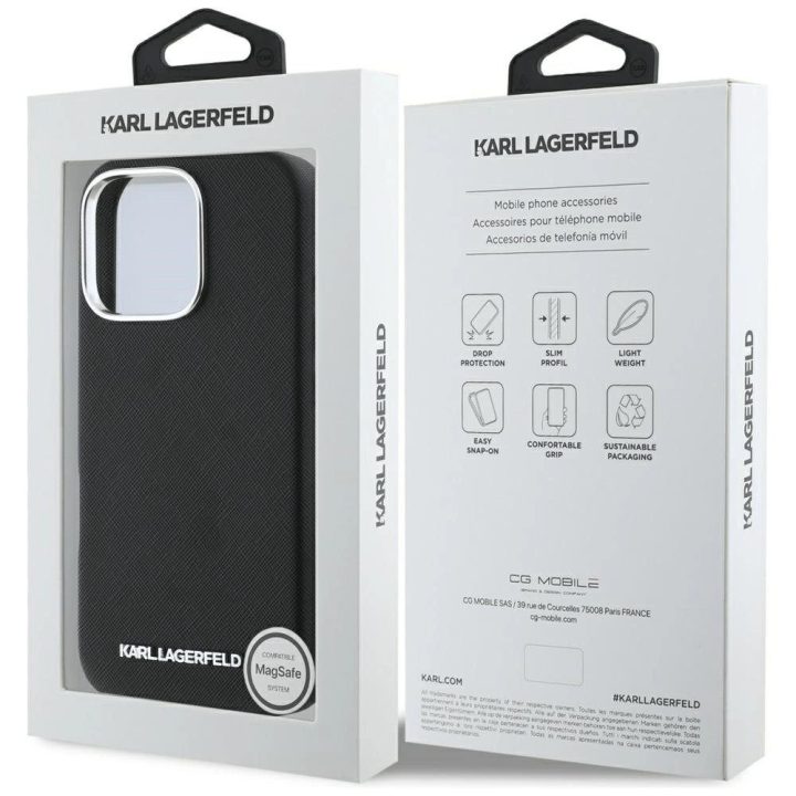 Karl Lagerfeld juodas odinis MagSafe dėklas iPhone 16 Pro