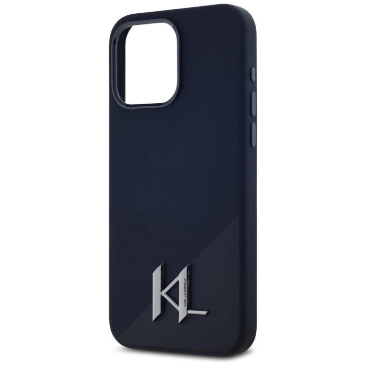 Karl Lagerfeld silikoninis dėklas su metaliniu logotipu iPhone 15 Pro juodas
