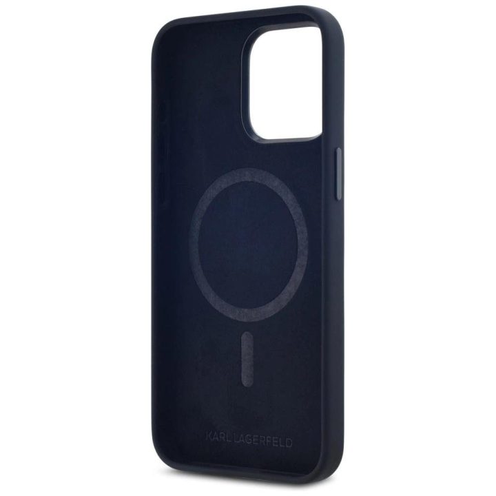 Karl Lagerfeld silikoninis dėklas su metaliniu logotipu iPhone 15 Pro juodas