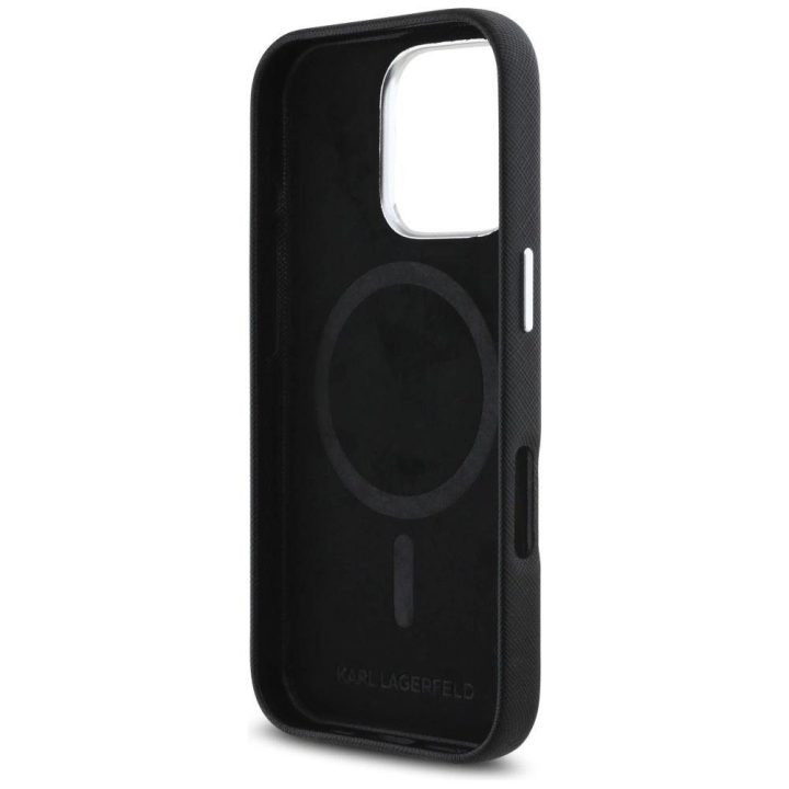 Karl Lagerfeld Saffiano odinis MagSafe dėklas iPhone 16 Pro Max - juodas