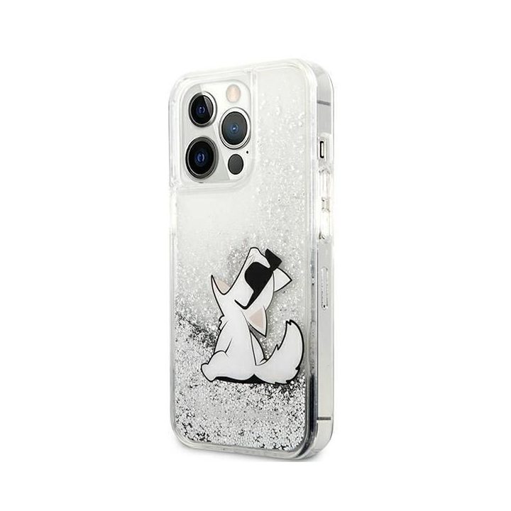 Karl Lagerfeld blizgantis Choupette dėklas iPhone 13 Pro Max - sidabrinis