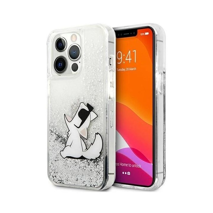 Karl Lagerfeld blizgantis Choupette dėklas iPhone 13 Pro Max - sidabrinis