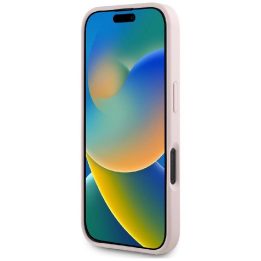 Guess grūdinto dizaino rožinis dėklas iPhone 16 – su logotipu